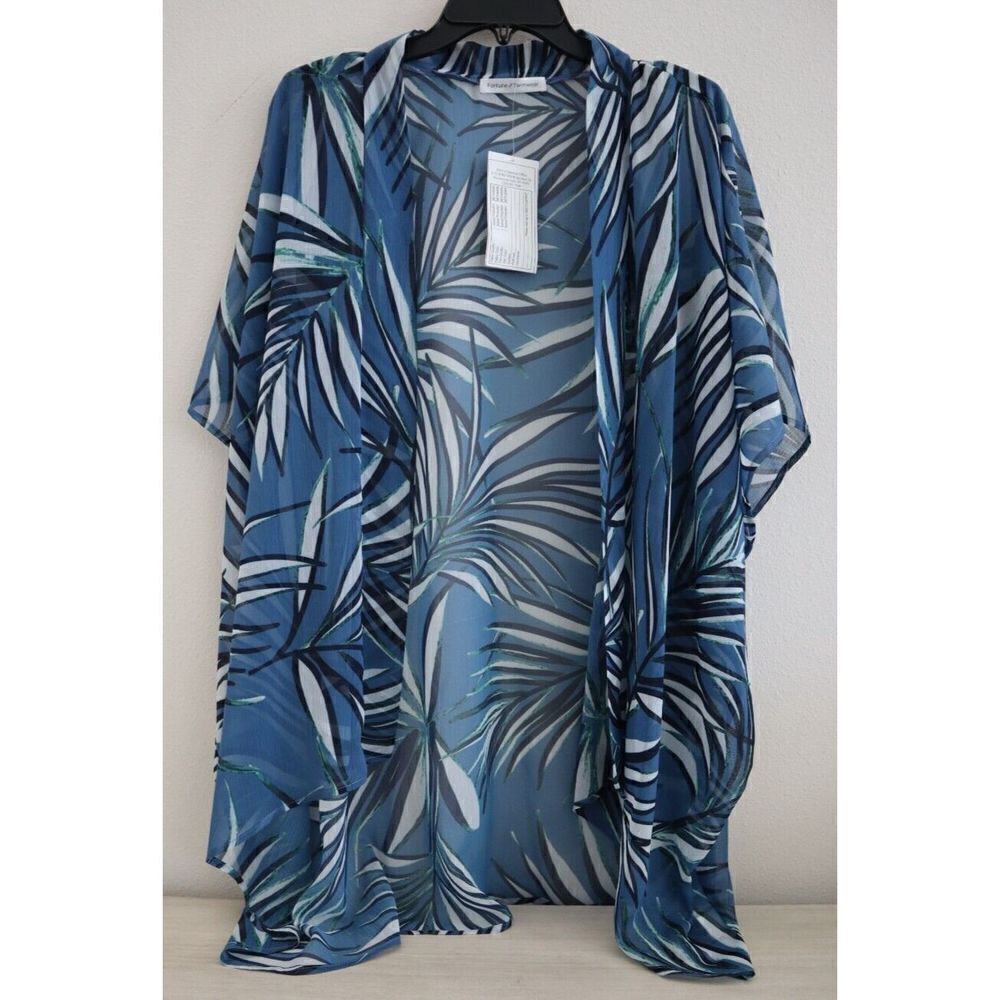 Fortune Swimwear Women's One Size Blue/White Mandy Open Front Kimono Cover Up